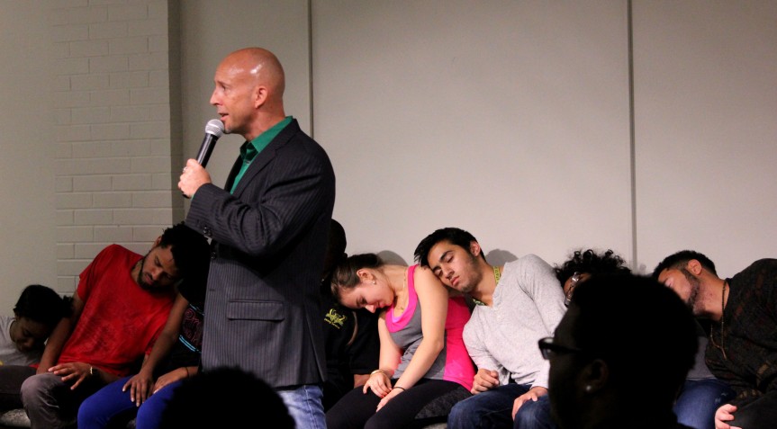 Comedy hypnotist Erick Kand puts his volunteers into a deep trance using repetitive commands and soothing music.  